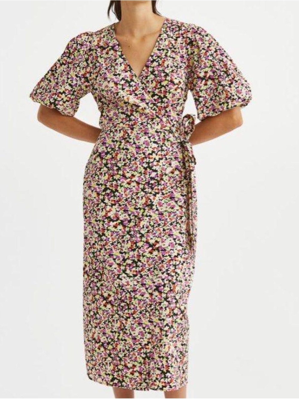 H&M Multi Floral Wrap Midi Dress with Puff Sleeves